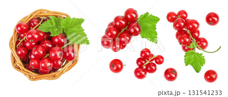 Red currant berries in a wicker basket with leaf isolated on white background. Top view. Flat lay Red currant berries in a wicker basket with leaf isolated on white background. Top view. Flat lay 131541233