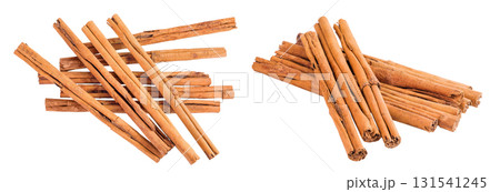 Cinnamon sticks isolated on white background with full depth of field. Top view. Flat lay. 131541245