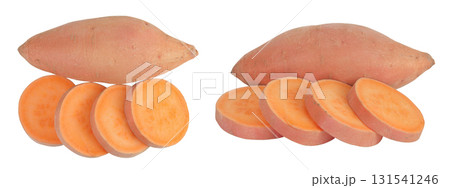 Sweet potato with slices isolated on white background. Top view. Flat lay Sweet potato with slices isolated on white background. Top view. Flat lay 131541246