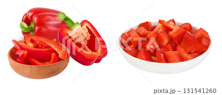 slices of red sweet bell pepper in wooden bowl isolated on white background with full depth of field 131541260