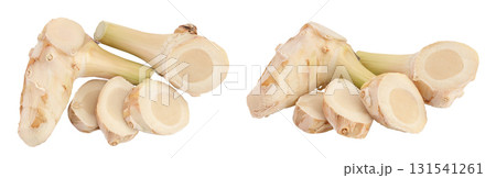 Fresh galangal root with slices isolated on white background with full depth of field. Top view. Flat lay Fresh galangal root with slices isolated on white background with full depth of field. Top view. Flat lay 131541261
