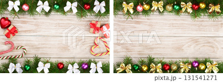 Christmas frame made of fir branches decorated with balls, bows, candy canes and boxes on a light wooden background Christmas frame made of fir branches decorated with balls, bows, candy canes and boxes on a light wooden background 131541271
