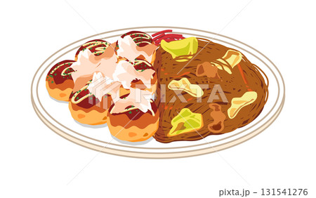 皿に盛ったたこ焼きと焼きそばのイラスト 131541276