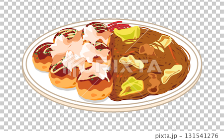 Illustration of takoyaki and yakisoba served on a plate 131541276