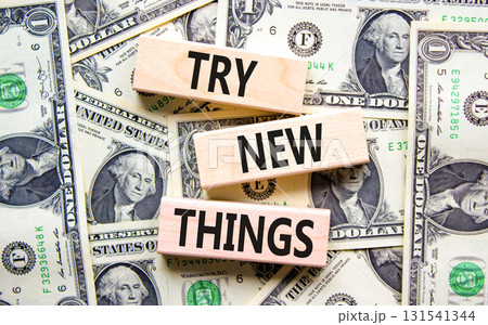 Try new things symbol. Concept words Try new things on beautiful wooden blocks. Dollar bills. Beautiful background from dollar bills. Business motivational lifestyle try new things concept. Copy space Try new things symbol. Concept words Try new things on beautiful wooden blocks. Dollar bills. Beautiful background from dollar bills. Business motivational lifestyle try new things concept. Copy space 131541344