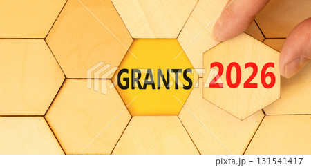Grants 2026 symbol. Concept words Grants 2026 on beautiful wooden puzzles. Beautiful wooden puzzles background. Businessman's hand. Business and grants 2026 concept. Copy space. 131541417