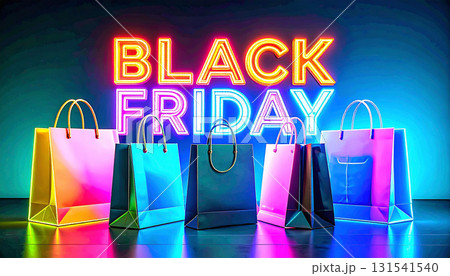 ネオンサイン「BLACK FRIDAY」と光るショッピングバッグ ネオンサイン「BLACK FRIDAY」と光るショッピングバッグ 131541540