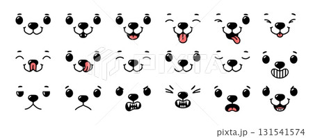 Dog face. Animal emoticons. Cartoon funny pet faces with mouth, teeth, tongue, eyes, nose. Happy puppy muzzle in mood. Angry or sad animals mascot expressions. Vector set 131541574