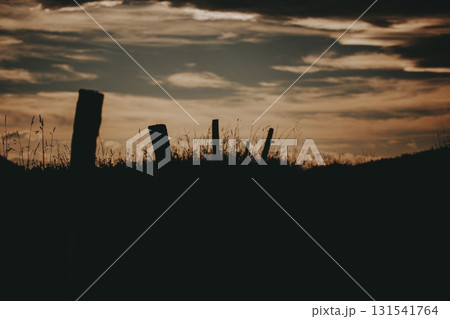 Silhouette of fence posts against a dramatic sunset sky. A moody serene landscape captures the silhouette of weathered fence posts set against a vibrant, cloud-filled sunset, creating a tranquil scene Silhouette of fence posts against a dramatic sunset sky. A moody serene landscape captures the silhouette of weathered fence posts set against a vibrant, cloud-filled sunset, creating a tranquil scene 131541764