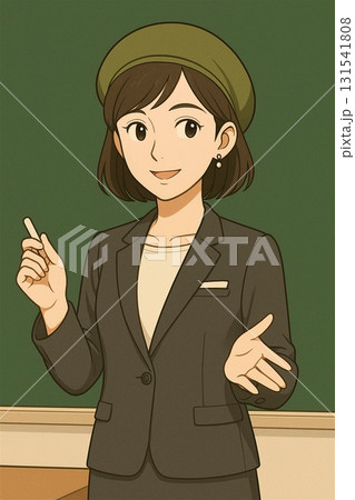 ベレー帽をかぶった若い講師が握るチョーク　manga　Generative AI 131541808