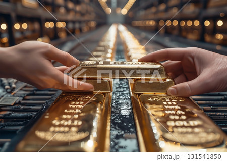 Hands exchanging gold bars with Bitcoin, concept of traditional vs digital investment, side view 131541850