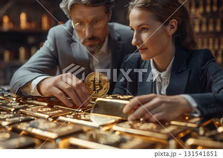 Hands exchanging gold bars with Bitcoin, concept of traditional vs digital investment, side view 131541851
