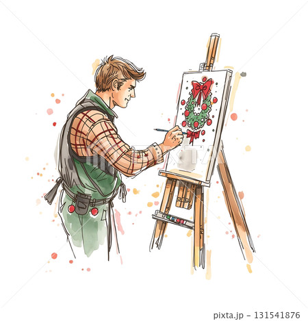 クリスマスリースを描く男性画家 水彩風イラスト 131541876