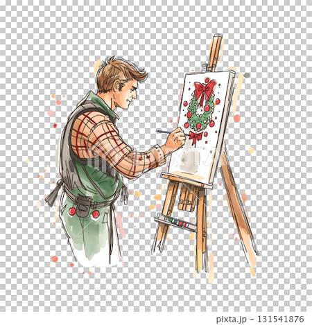 クリスマスリースを描く男性画家 水彩風イラスト 131541876