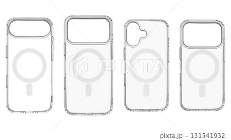 Set Clear soft phone case with magnetic ring for smartphone model 17. Air. Pro, Pro Max, isolated on white Set Clear soft phone case with magnetic ring for smartphone model 17. Air. Pro, Pro Max, isolated on white 131541932