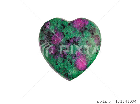 Polished anyolite heart with ruby inclusions isolated on white background Polished anyolite heart with ruby inclusions isolated on white background 131541934