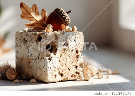 Autumn Nature Still Life with Acorn and Leaf on Rustic Stone for Seasonal Decor Generative AI 131542176