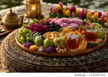 Springtime Picnic with Fresh Fruits and Herbal Tea in a Floral Setting Generative AI 131542191