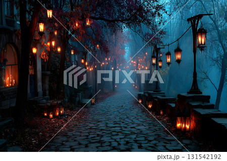 Enchanted Autumn Walkway Illuminated by Lanterns on a Misty Evening Generative AI 131542192