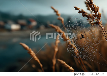 Spider Web with Dew Drops at Dawn in a Serene Meadow Setting Generative AI 131542193