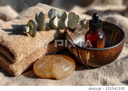 Spa and Wellness Scene with Towel, Soap, and Essential Oil for Relaxation and Self-Care Generative AI 131542195