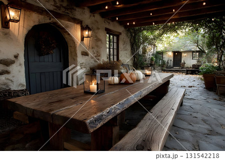 Rustic Autumn Patio with Pumpkins and Lanterns for Cozy Gatherings Generative AI 131542218