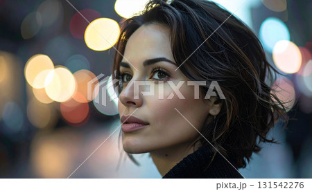 都会の玉ボケを背景に横顔を見せる美しい大人の女性のポートレート 都会の玉ボケを背景に横顔を見せる美しい大人の女性のポートレート 131542276
