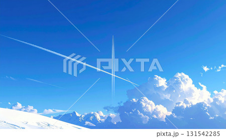 雪山の上空を交差する飛行機雲と鮮やかな青空（アニメ風） 131542285