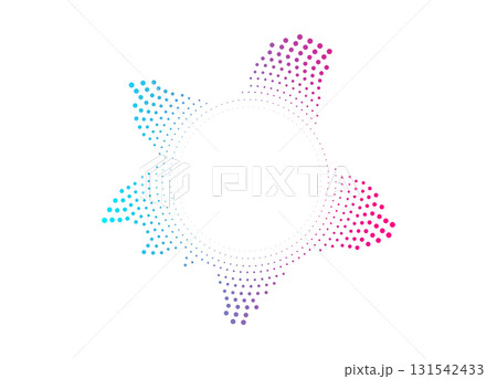 Glowing neon sound wave circle with oscillating dots. Bright audio visualization. Vector illustration for music, radio, or tech designs. 131542433