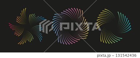 Abstract frames with multicolored sound waves. Circular dotted figures and neon curves. Audio equalizer visualization for music banner, poster, or digital design. 131542436