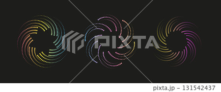 Vibrant dotted sound wave frames in glowing neon shades. Circular spectrum with dynamic oscillations. Futuristic vector template for music events, digital banners, and club posters. 131542437