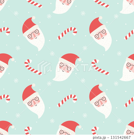 Seamless christmas pattern with santa claus faces in glasses and striped candy canes on mint background. 131542667