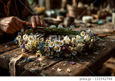 Handcrafted Floral Wreath with Wildflowers on Rustic Wooden Table for Spring Decor Generative AI 131542748