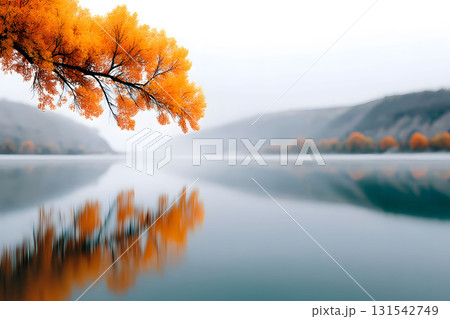 Tranquil Autumn Lake with Vibrant Orange Foliage and Misty Reflections Generative AI 131542749