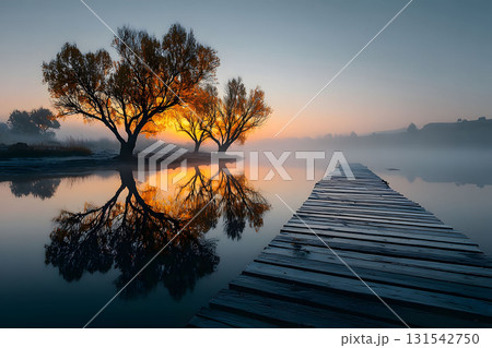 Serene Autumn Sunrise Over Misty Lake with Wooden Pier for Tranquil Moments Generative AI 131542750