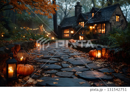 Enchanting Autumn Evening with Cottage and Pumpkin Decor for Halloween Generative AI 131542751