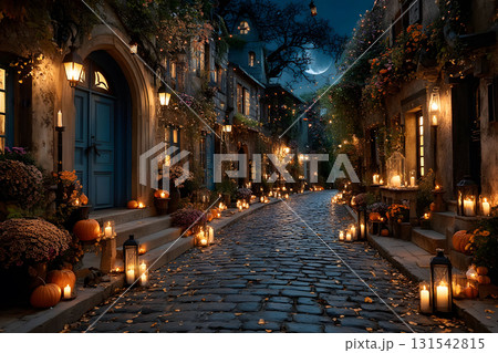 Enchanting Halloween Street at Night with Pumpkins and Candlelit Lanterns Generative AI 131542815