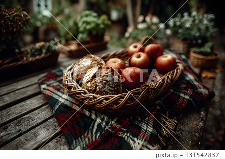 Rustic Autumn Harvest Basket with Fresh Apples and Bread on a Wooden Table Generative AI Rustic Autumn Harvest Basket with Fresh Apples and Bread on a Wooden Table Generative AI 131542837