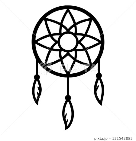 Black circular dreamcatcher featuring an intricate woven design and three hanging feathers is visible 131542883