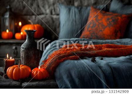 Cozy Halloween Bedroom Decor with Pumpkins and Candles for Autumn Ambiance Generative AI Cozy Halloween Bedroom Decor with Pumpkins and Candles for Autumn Ambiance Generative AI 131542909