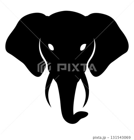 A majestic elephant's head is depicted as a solid black silhouette with defined features 131543069