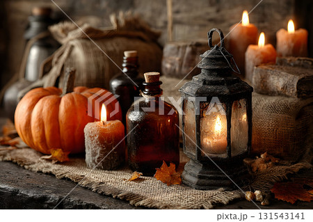 Rustic Autumn Decor with Pumpkins and Lantern for Cozy Halloween Ambiance Generative AI Rustic Autumn Decor with Pumpkins and Lantern for Cozy Halloween Ambiance Generative AI 131543141