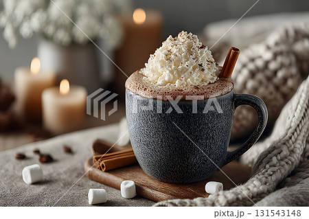 Cozy Winter Scene with Hot Chocolate, Cinnamon, and Marshmallows for Relaxation Generative AI 131543148