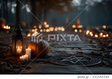 Halloween Night Scene with Pumpkins, Lantern, and Candles in Mystical Forest Setting Generative AI Halloween Night Scene with Pumpkins, Lantern, and Candles in Mystical Forest Setting Generative AI 131543193