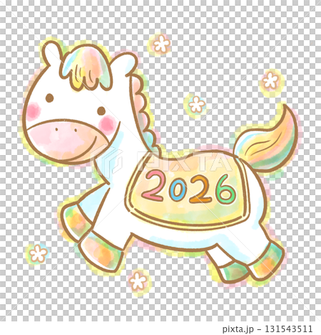 Cute pastel-colored watercolor horse illustration / 2026 Cute pastel-colored watercolor horse illustration / 2026 131543511