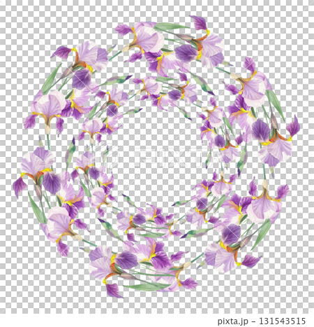 Wreath of violet with yellow irises. Watercolor handmade illustration. For packaging design, cards, cover, prints, product labels and fabric. Wreath of violet with yellow irises. Watercolor handmade illustration. For packaging design, cards, cover, prints, product labels and fabric. 131543515