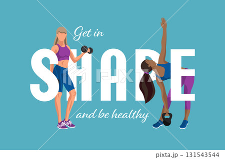 Fitness women engage in strength training and flexibility exercises, encouraging a healthy lifestyle through dynamic movement and vibrant visuals. 131543544