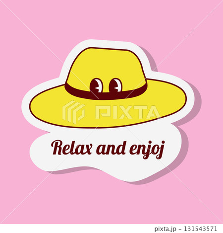 A vector illustration shows a cartoon style yellow travel sticker. It features a hat with eyes and a text bubble saying Relax and enjoj on a pink background. A vector illustration shows a cartoon style yellow travel sticker. It features a hat with eyes and a text bubble saying Relax and enjoj on a pink background. 131543571