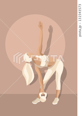 A woman exercises with a kettlebell in a minimalist studio, showcasing flexibility and strength in a stylish and faceless design. A woman exercises with a kettlebell in a minimalist studio, showcasing flexibility and strength in a stylish and faceless design. 131543573