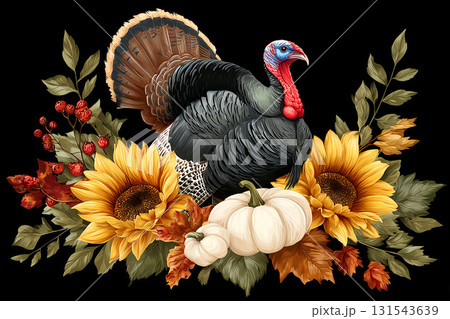 Elegant Thanksgiving turkey with pumpkins and autumn flowers illustration Elegant Thanksgiving turkey with pumpkins and autumn flowers illustration 131543639